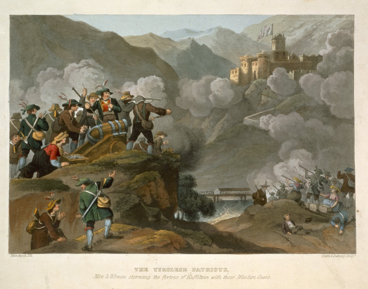 木製の銃でカフスタインの要塞を襲撃するチロルの愛国者、ジョンヘビサイドクラーク（c.1771-1863）と歴史的、軍事的、海軍の歴史からマシュードゥブール（fl.1813-20）によって彫刻 作： フランツ・ジョセフ・マンスキルヒ