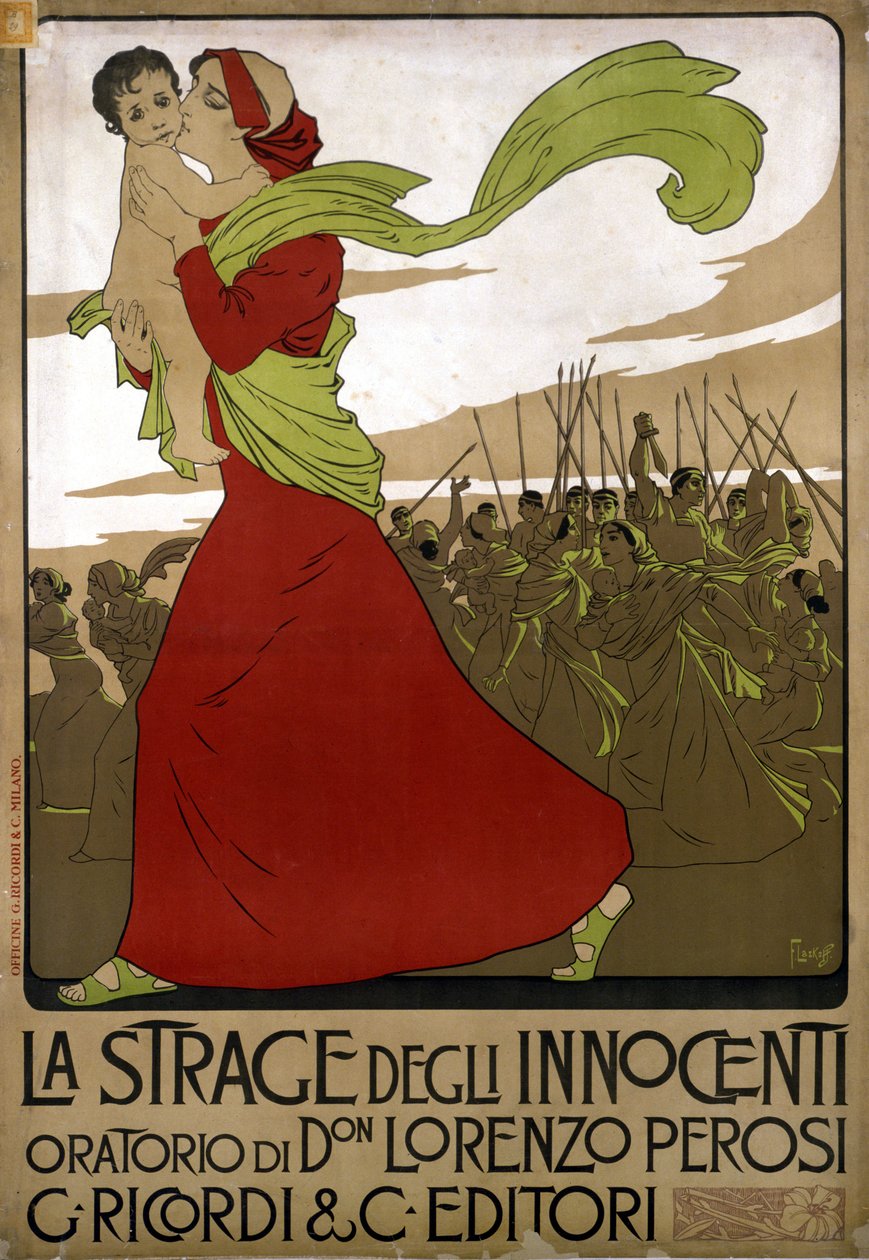 イタリアの作曲家ドン・ロレンツォ・ペロシ（1872〜1956）のオラトリオ「La strage degli innocenti」のポスター。ドローイング by F.ラッコフ 作： フランツ・ラスコフ