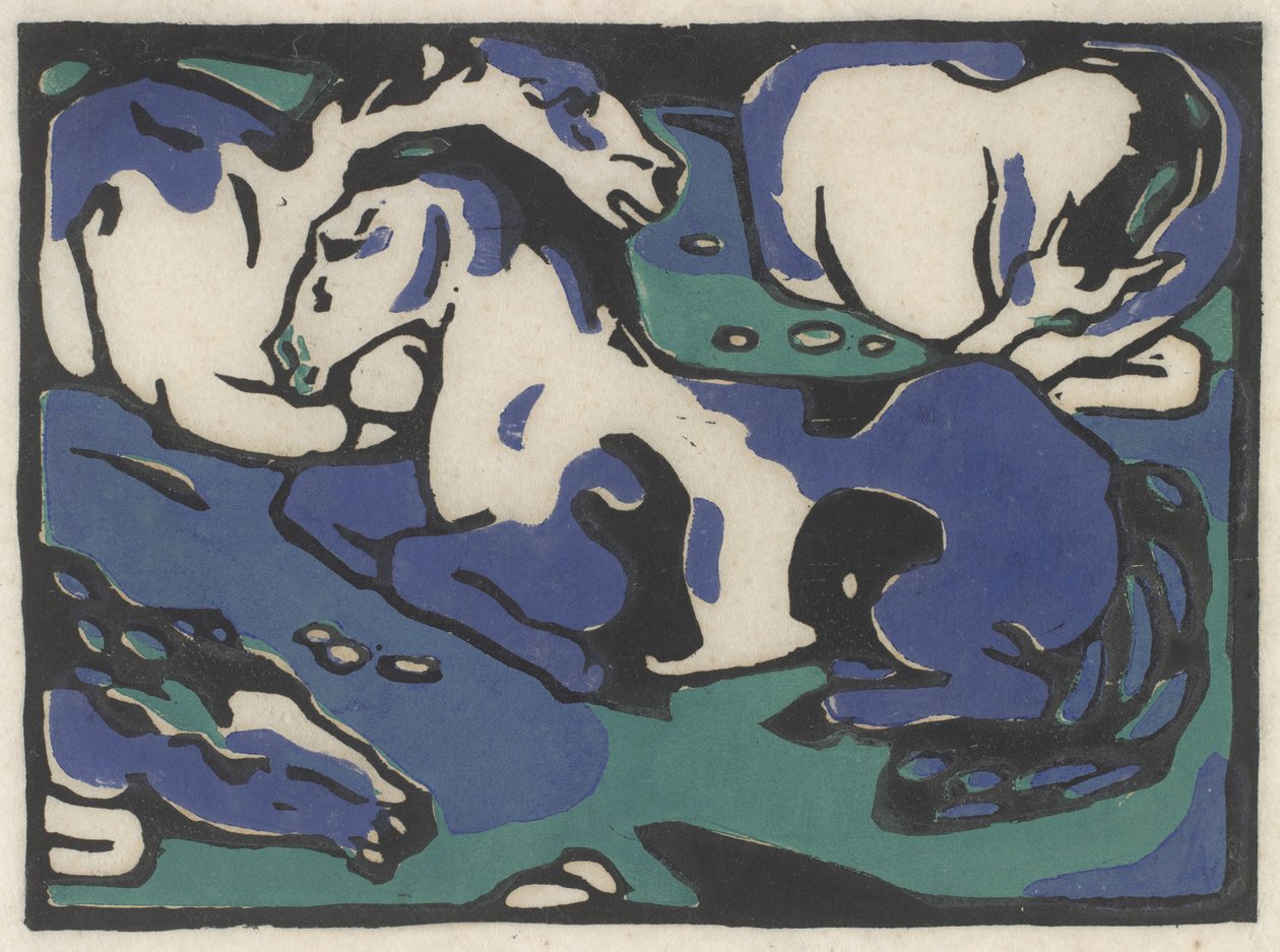 Ruhende Pferde（休息する馬）、1911-1912、1916年に印刷（日本紙に黒、青、緑の木版画） 作： フランツ・マーク