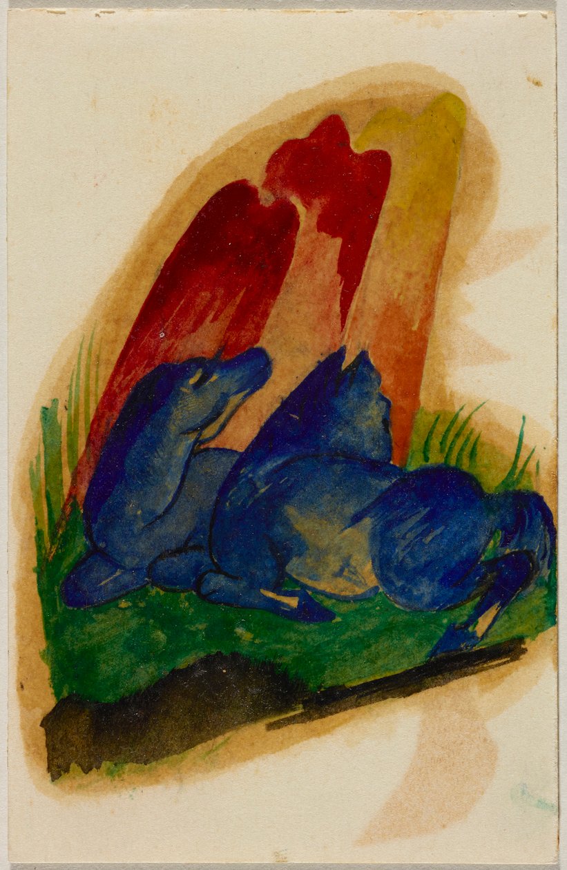Zwei blaue Pferde vor rotem Felsen, Postkarte aus Sindelsdorf an Wassily Kandinsky in München 作： フランツ・マーク