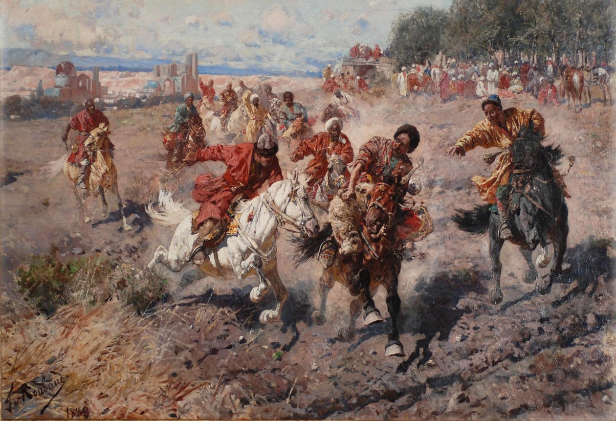 1889年、ラム賞のためのダッシュの乗馬スポーツでムハラムの終わりを祝うチェルケス 作： フランツ・ルーボー