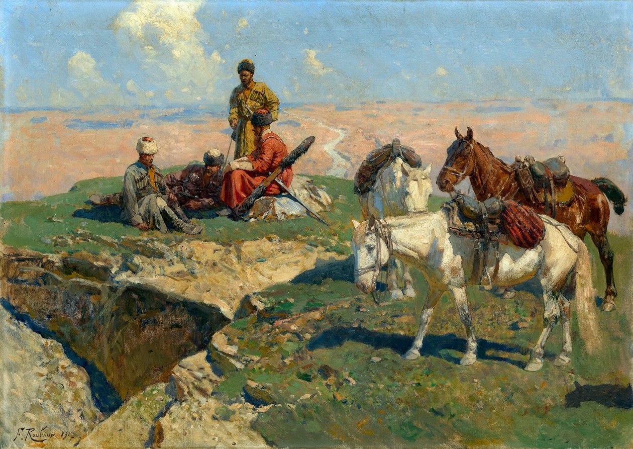 白人戦士の停止 - フランツ・ルボー (1856-1928) の絵画 作： フランツ・ルーボー