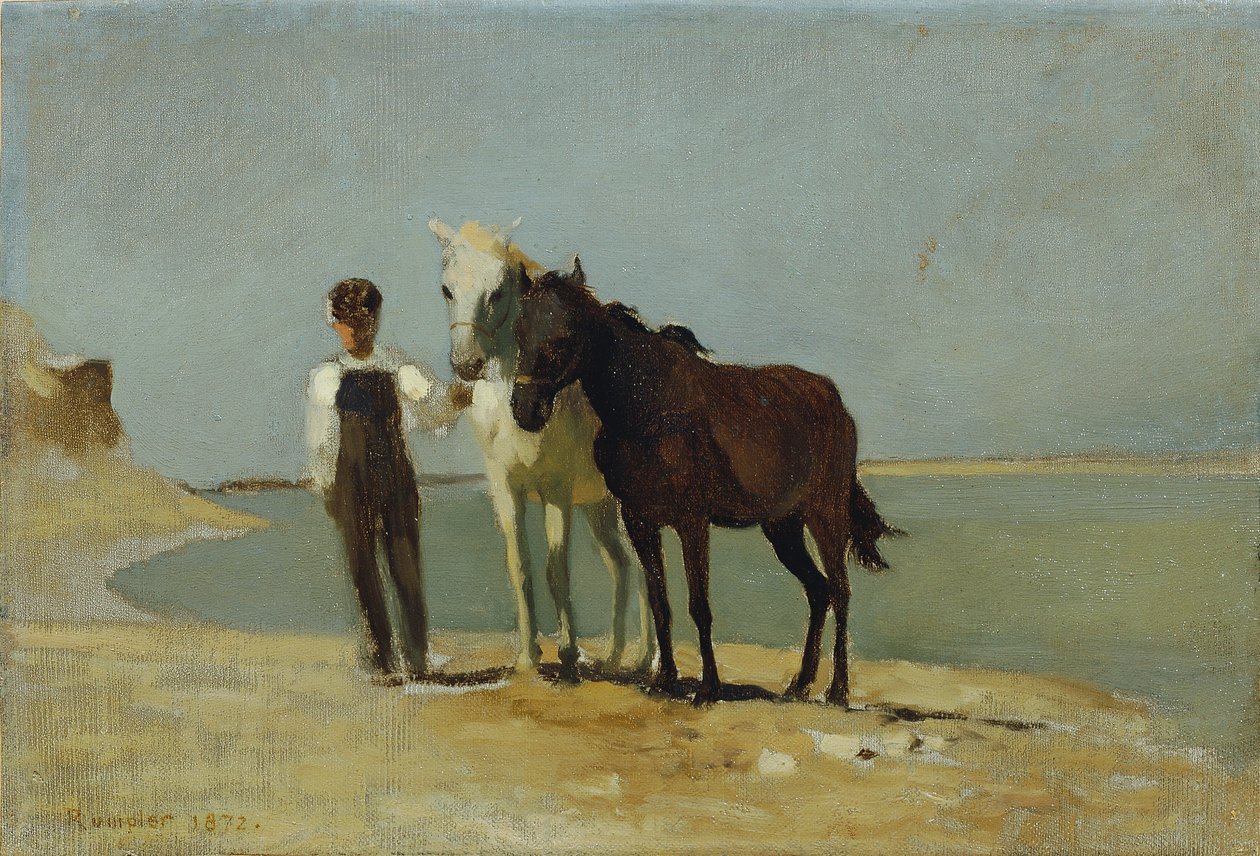 ビーチで馬を持つ少年 作： フランツ・ランプラー