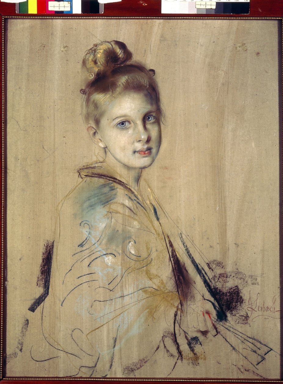 ファンを持つ少女 (Girl With A Fan)。 フランツ・フォン・レンバッハ (1836-1904) の作品、厚紙にパステル、1880 年頃。 19 世紀のドイツの芸術。 国立エルミタージュ、サンクトペテルブルク。 作： フランツ・セラフ・フォン・レンバッハ