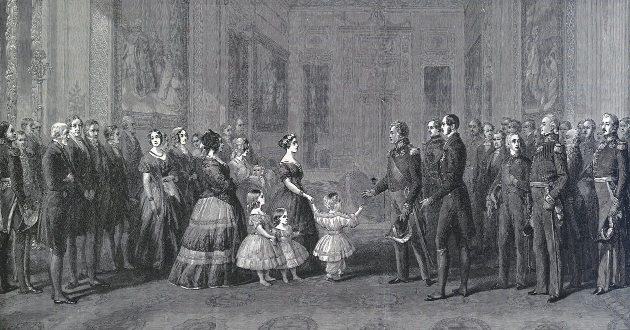 1844年10月8日、ウィンザー城でフランス王ルイ・フィリップ1世（ルイ・フィリップ・ドルレアン、1773～1850年）を迎えるイギリスのヴィクトリア女王（1819～1901年）。ヴィンターハルターの絵画の後に彫られた版画 作： フランツ・クサーヴァー・ヴィンターハルター（後）