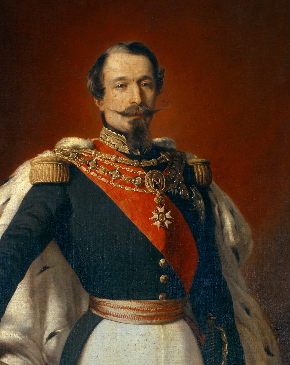サン・クラウド城の景色の前でのフランス皇帝ナポレオン3世（1808-1873）の肖像。フランツ・クサヴァー・ヴィンターハルター（1806-1873）による絵画の詳細 1855年 薄暗い。2.4x1.5 m 作： フランツ・クサーヴァー・ヴィンターハルター（後）