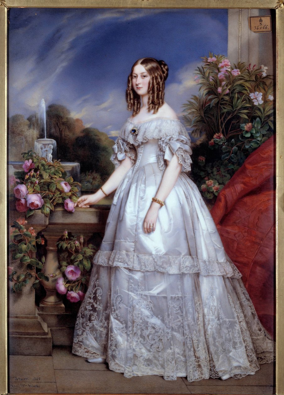 ヌムール公爵夫人の肖像 ヌムール公爵の妻、サックス＝コーブルク＝ゴータのヴィクトリー（1822-1857）の肖像。フランツ・グザヴィエ・ヴィンターハルターの後にM.P.ジュリアン・ローラン（1805-1860）が描いたもの。1846.パリ、装飾美術 - デュオの全身像 作： フランツ・クサーヴァー・ヴィンターハルター（後）
