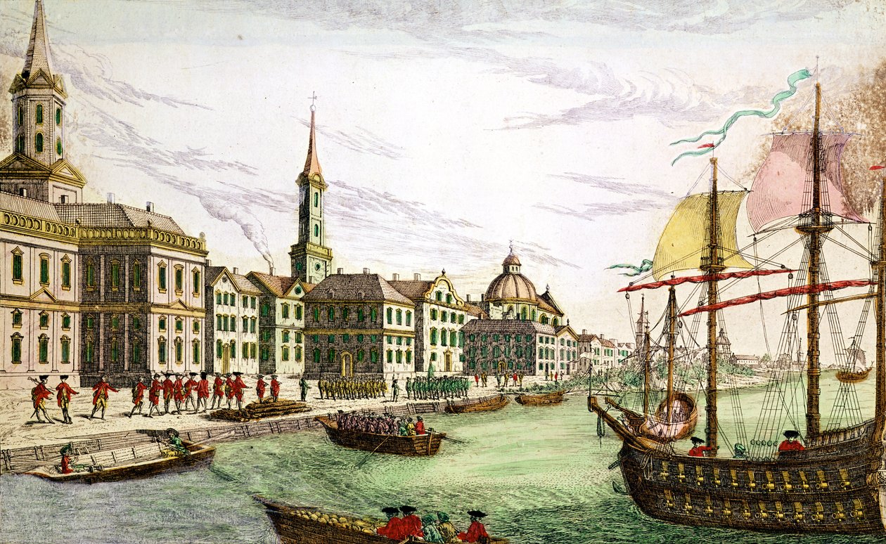 1776年6月29日、ニューヨークでのイギリス軍の降機（カラー彫刻） 作： フランツ・ザビエル・ハーバーマン
