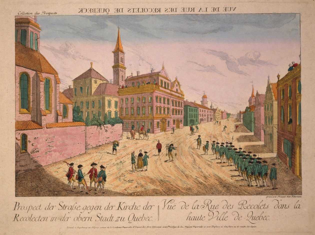 Vue de la Rue des Recolets de Quebec、1770年代に発行（手描きの彫刻） 作： フランツ・ザビエル・ハーバーマン