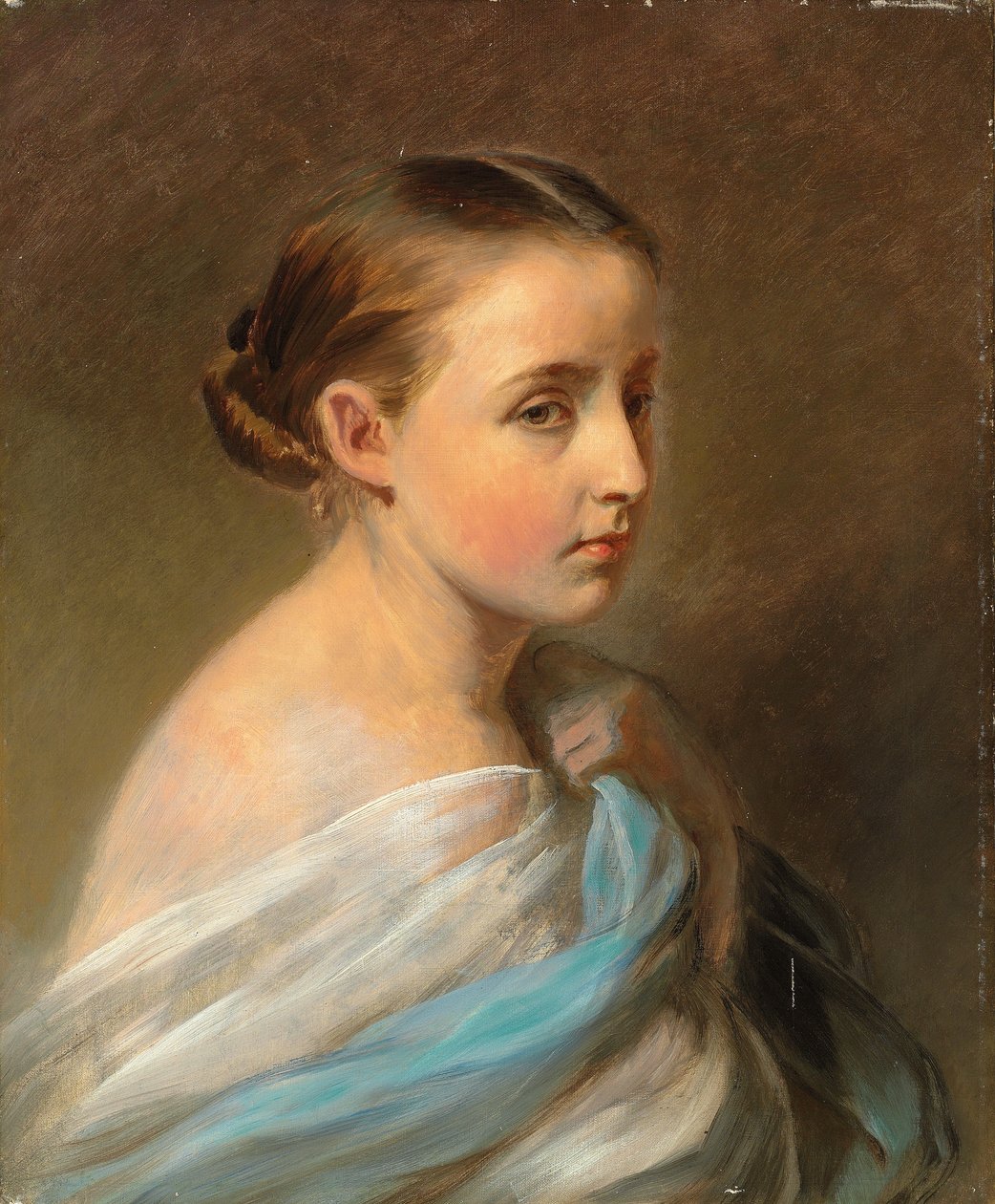 青と白のラップで覆われた少女、頭と肩の肖像、c.1850 作： フランツ・ザビエル・ウィンターハルター