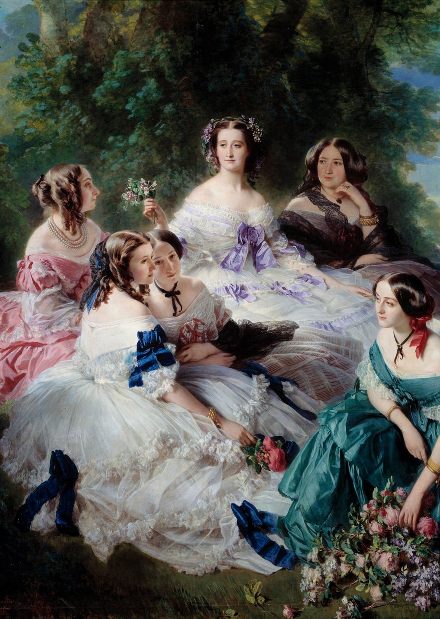 1855年のウジェニー像（1826-1920）は、エスリング王女、ストーンズ男爵夫人、レゼイ・マルネシア子爵夫人、上部に白衣を着た皇帝、下部にモンテベロ侯爵夫人が描かれた詳細宮殿の貴婦人たちを取り囲んでいます。 作： フランツ・ザビエル・ウィンターハルター
