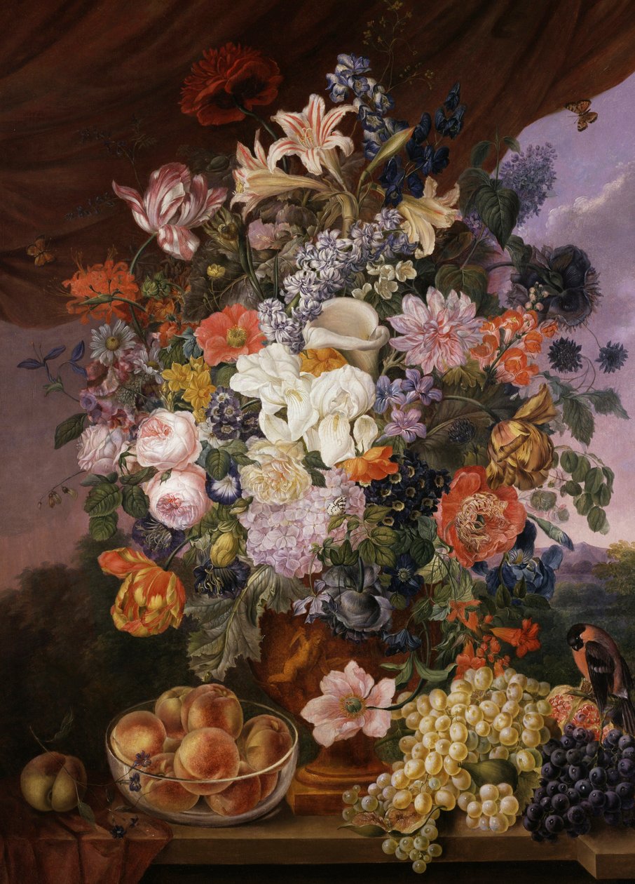 棚に置かれた果物と花と風景。フランツ・クサヴァー・ペッター（1791