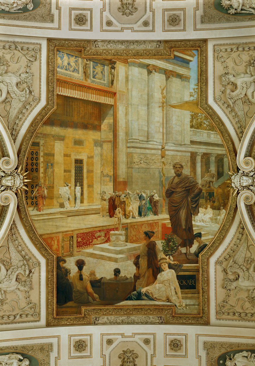 ウィーンのブルク劇場、階段：天井のフレスコ画 アテネのディオニュソス劇場（フレスコ画） 作： フランツ・フォン・マッシュ