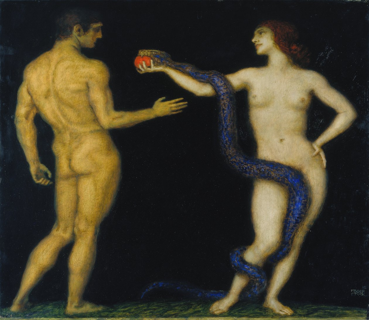 アダムとイヴ, c.1920 (テンペラ、木) 作： フランツ・フォン・スタック