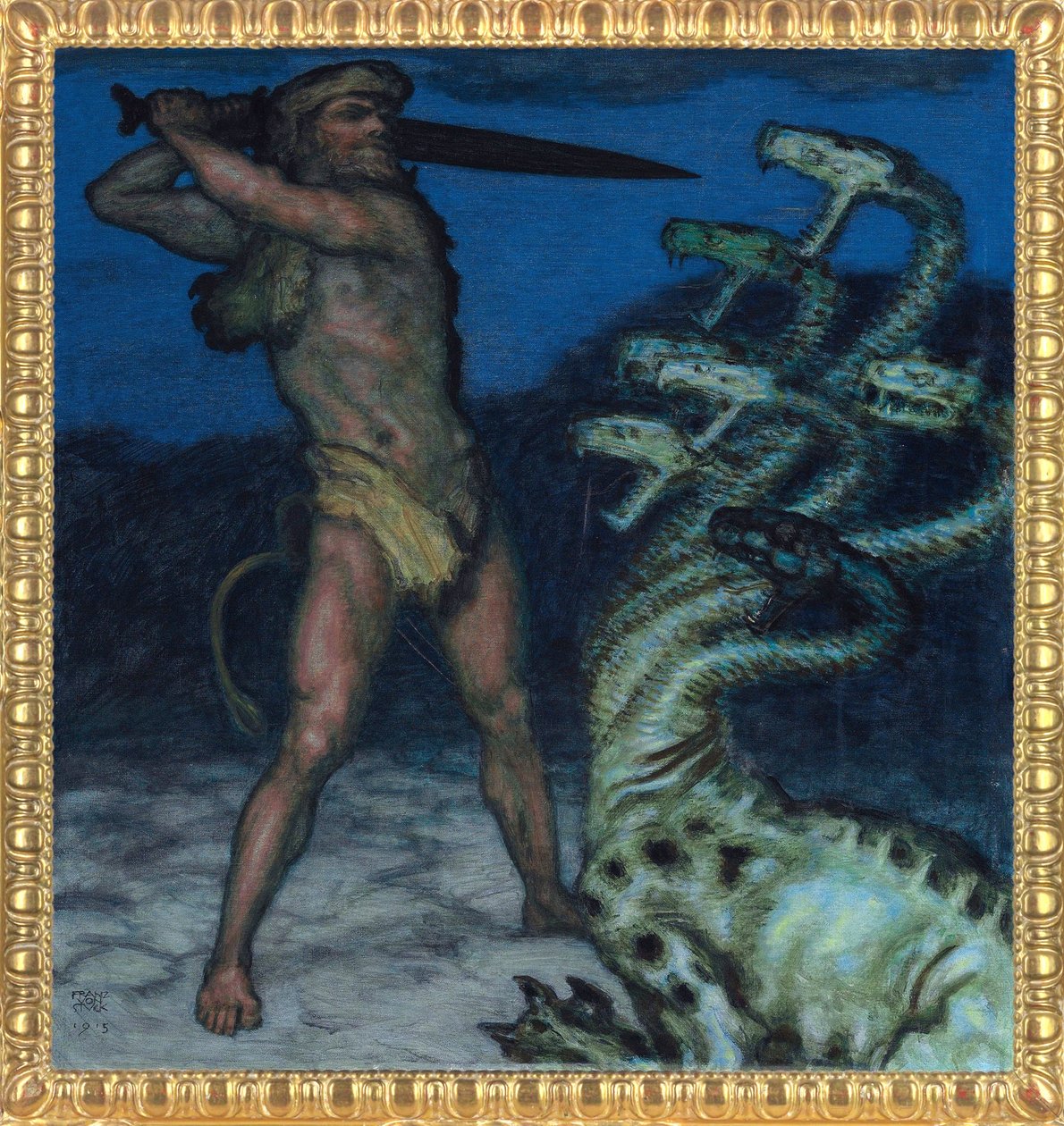 ヘラクレスとヒュドラ - フランツ・リッター・フォン・シュトゥック（1863-1928）の絵画 - 1915年 - シントモス・カラー、キャンバス - ヴィラ・シュトゥック美術館 作： フランツ・フォン・スタック