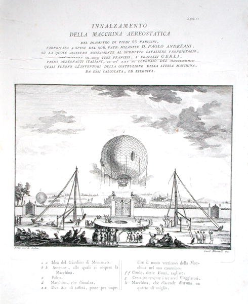 イタリア初の有人熱気球飛行 Paolo Andreani (1763-1823) 作 1784年、Girolamo Mantelli作 1785年出版（彫刻）（206819参照） 作： Fratelli Gerli（後）