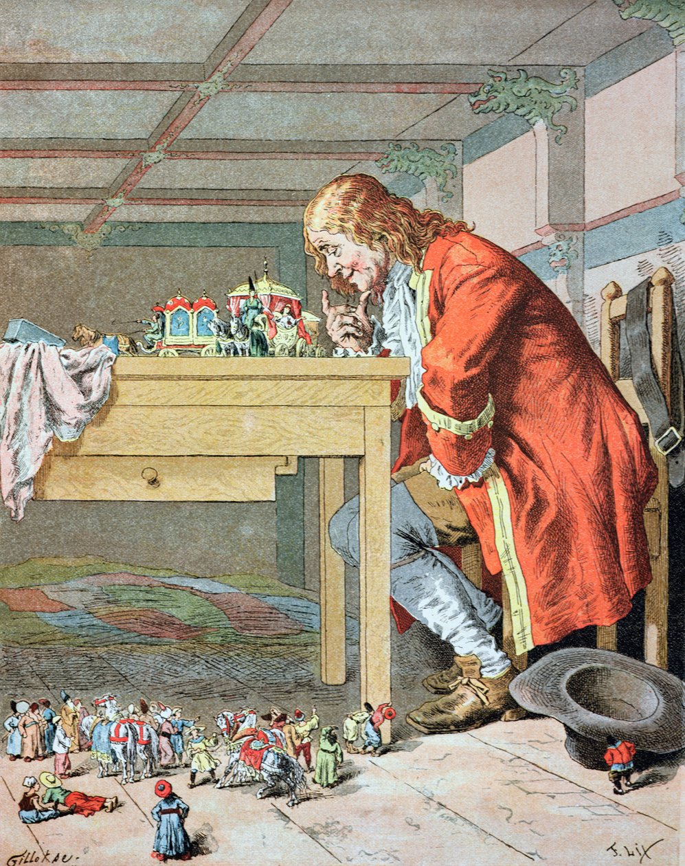 「私は女性とおしゃべりをしている間に...」、ジョナサン・スウィフトの「Les Voyages de Gulliver」のイラスト（1667-1745） 作： フレデリック・セオドア・リックス