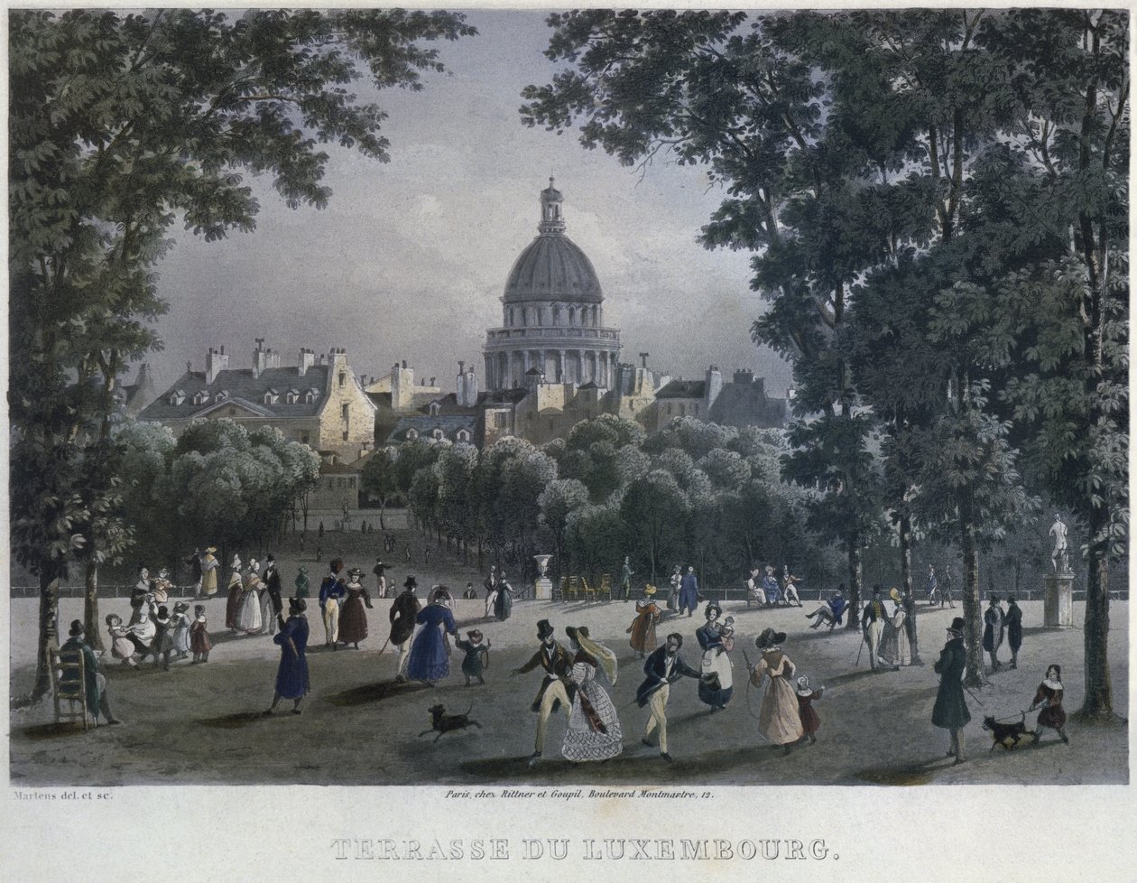 リュクサンブール公園、フレデリックマルテンス（1809-75）1832年に彫刻（カラー彫刻） 作： フレデリックマルテンス