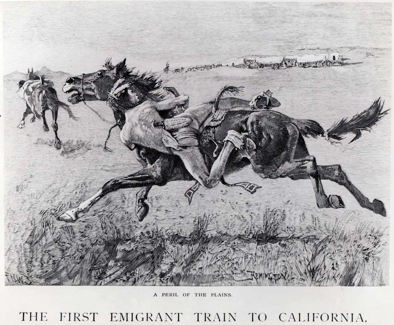 FHWによって刻まれた、カリフォルニアへの最初の移民列車である平原の危機 作： フレデリック・レミントン