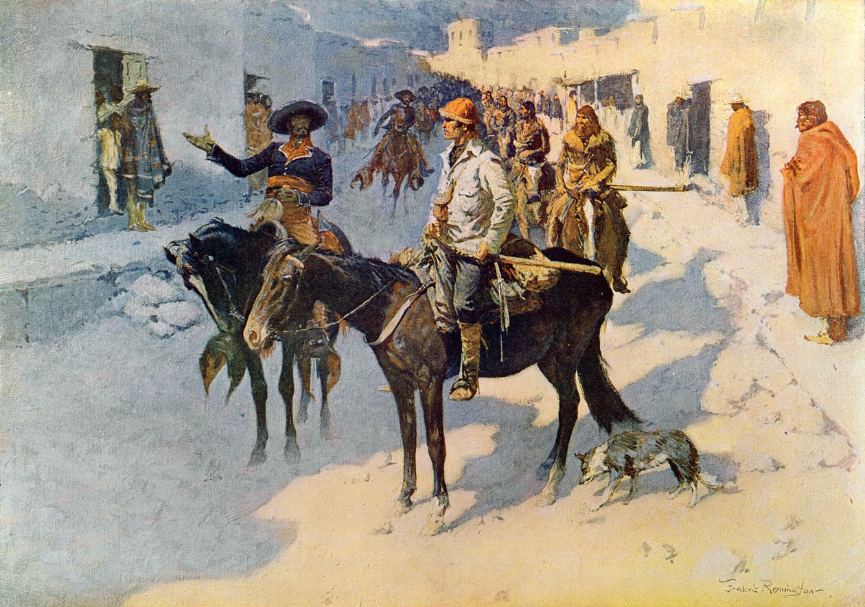 Zebulon Pike Entering Santa Fe、イラストは「Collier&39;s Weekly」、1906年に出版（印刷） 作： フレデリック・レミントン
