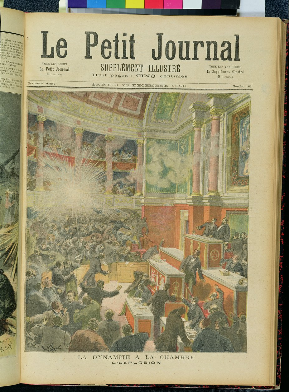 ダイナマイトが下院で爆発、1893年12月23日「Le Petit Journal」の表紙 作： フレデリック・セオドア・リックス