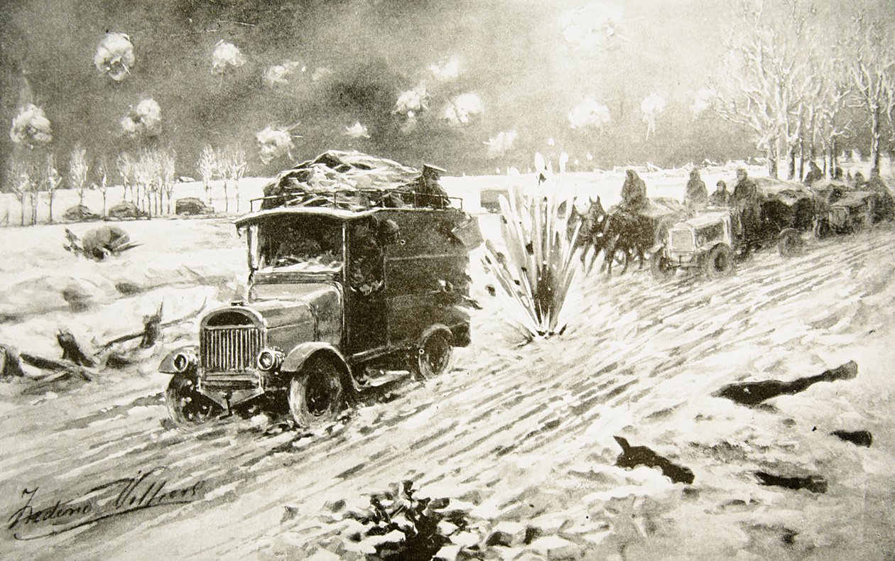 雪に覆われたイープル道路に沿って激しい砲撃の下で英国の輸送列車 作： フレデリック・ヴィリヤーズ