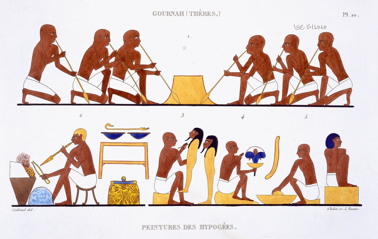 テーベからのフレスコ画の珍しい記録からの金属加工は、フレデリック・カイヨー（1787-1869）、カラーリソによるエジプトへの2回目の訪問で1819-1822を記録しました 作： フレデリック（後）カイヨー