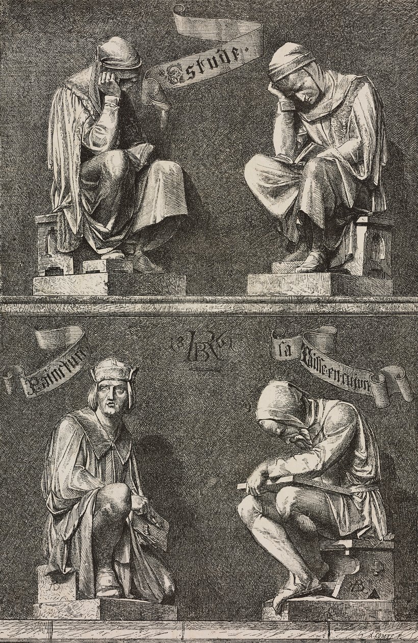 Alegoria do Estudo, figuras decorativas na base da estátua de Martin Schongauer criada por Auguste Bartholdi (1834-1904) para o convento de Unterlinden, Colmar, França 作： フレデリック・オーギュスト・バルトルディ