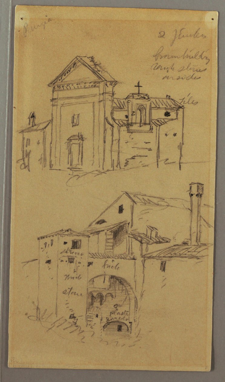 ドローイング、教会、建物、屋根付き橋、おそらく1868-69年 作： フレデリックエドウィン教会