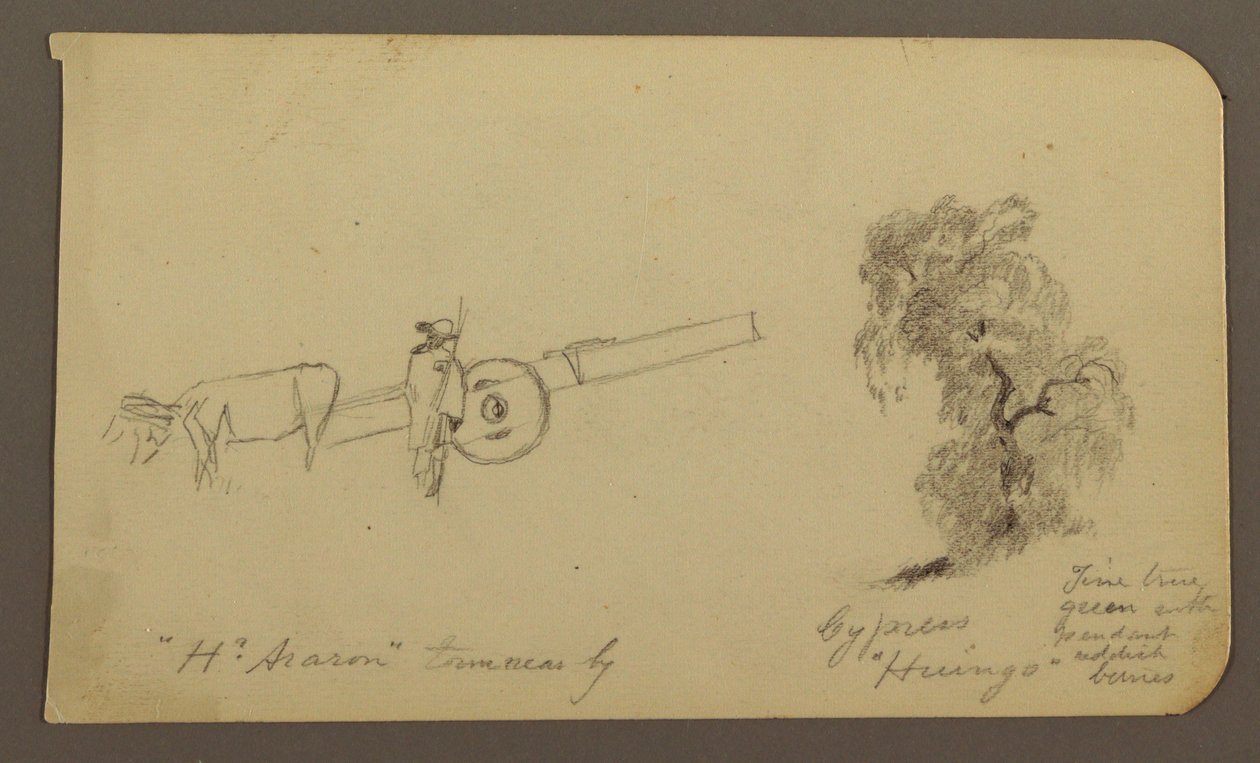 デッサン、人物と牛車、ヒノキ、裏面：キュイッツェオ湖対岸の眺め、1885年1月 作： フレデリックエドウィン教会