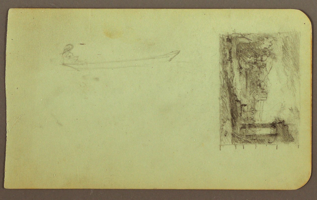 素描、崖の上の人物、絵画のスケッチ 裏面：碑文、1883年12月 作： フレデリックエドウィン教会