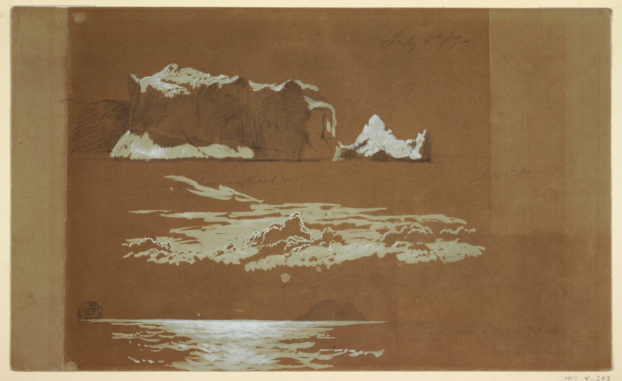 図面、ニューファンドランド、セント・ジョン岬とガル島付近の氷山、1859年7月4日 作： フレデリックエドウィン教会