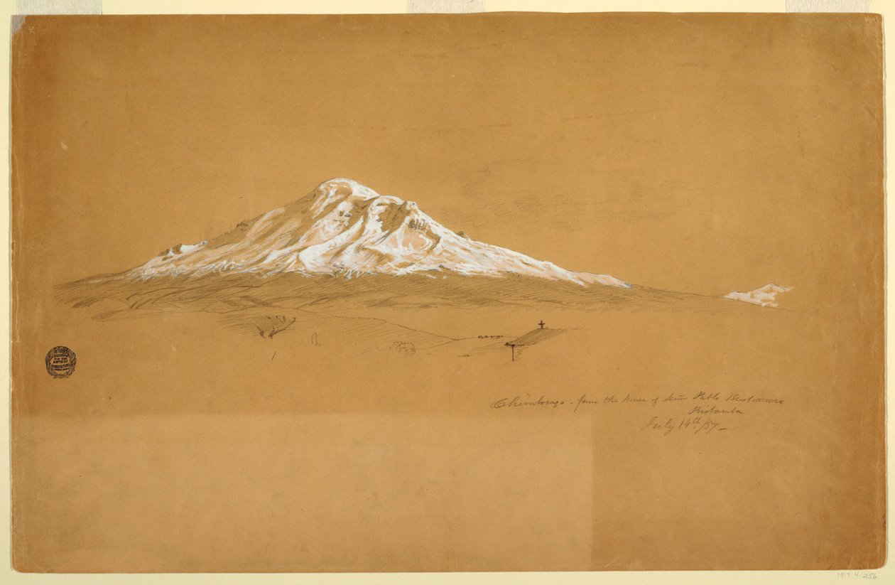 デッサン、シニア・パブロ・ブスタマンテの家から見たチンボラソ山、リオバンバ、エクアドル、1857年7月14日 作： フレデリックエドウィン教会