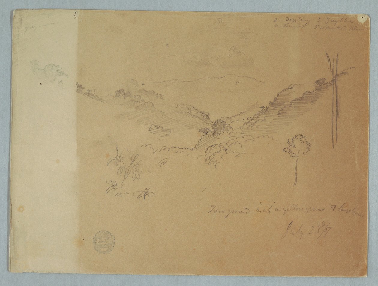 デッサン、エクアドル、ジョルジェ近郊の山の風景、1857年7月23日 作： フレデリックエドウィン教会