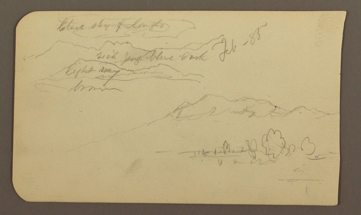 デッサン、山脈、クアウトラ、教会；裏面：しゃがむ馬、風景描写、1885年2月 作： フレデリックエドウィン教会