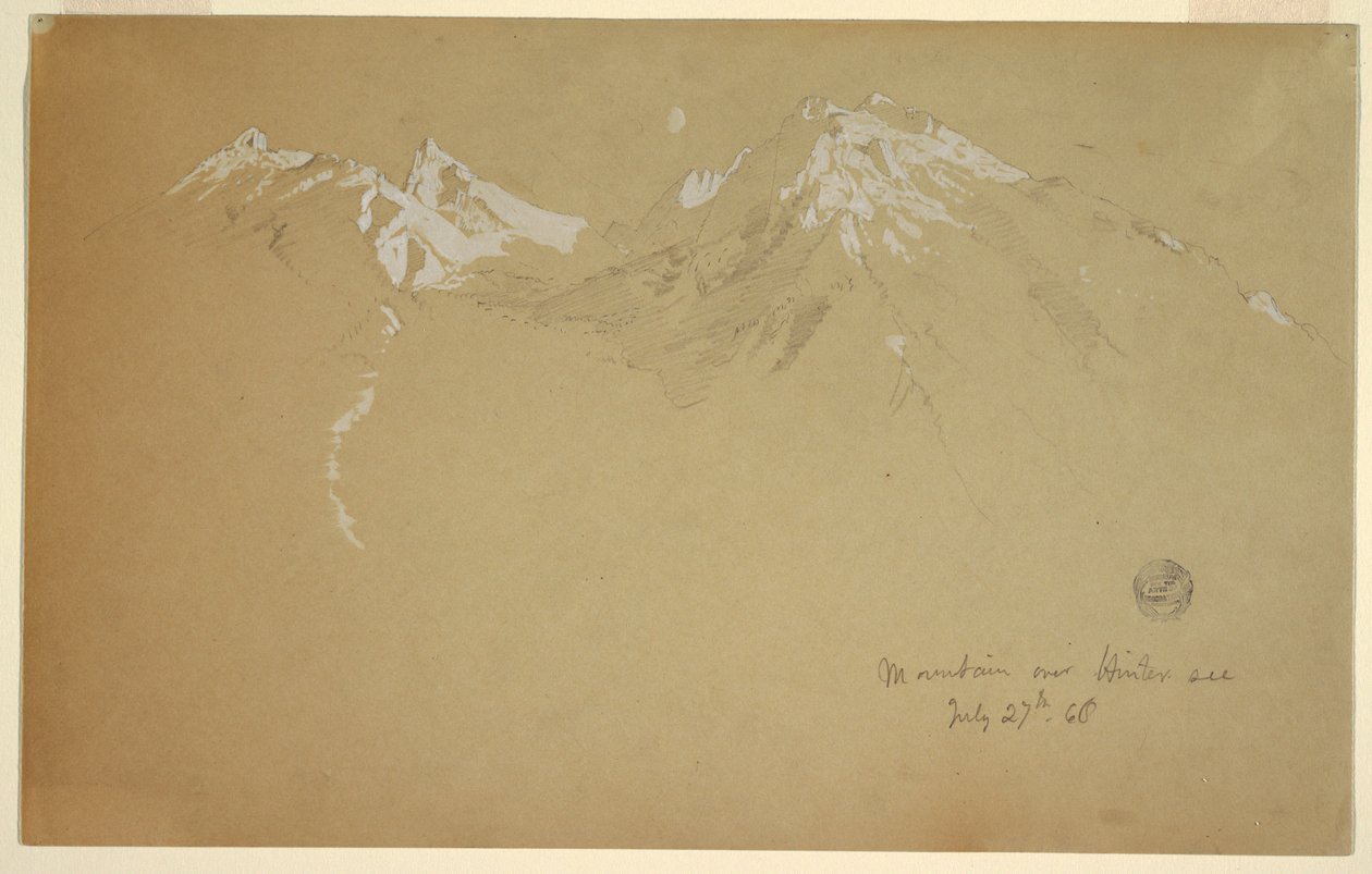 1868年7月27日、バイエルン州ベルヒテスガーデン近郊、「ヒンターゼーの山」のデッサン 作： フレデリックエドウィン教会