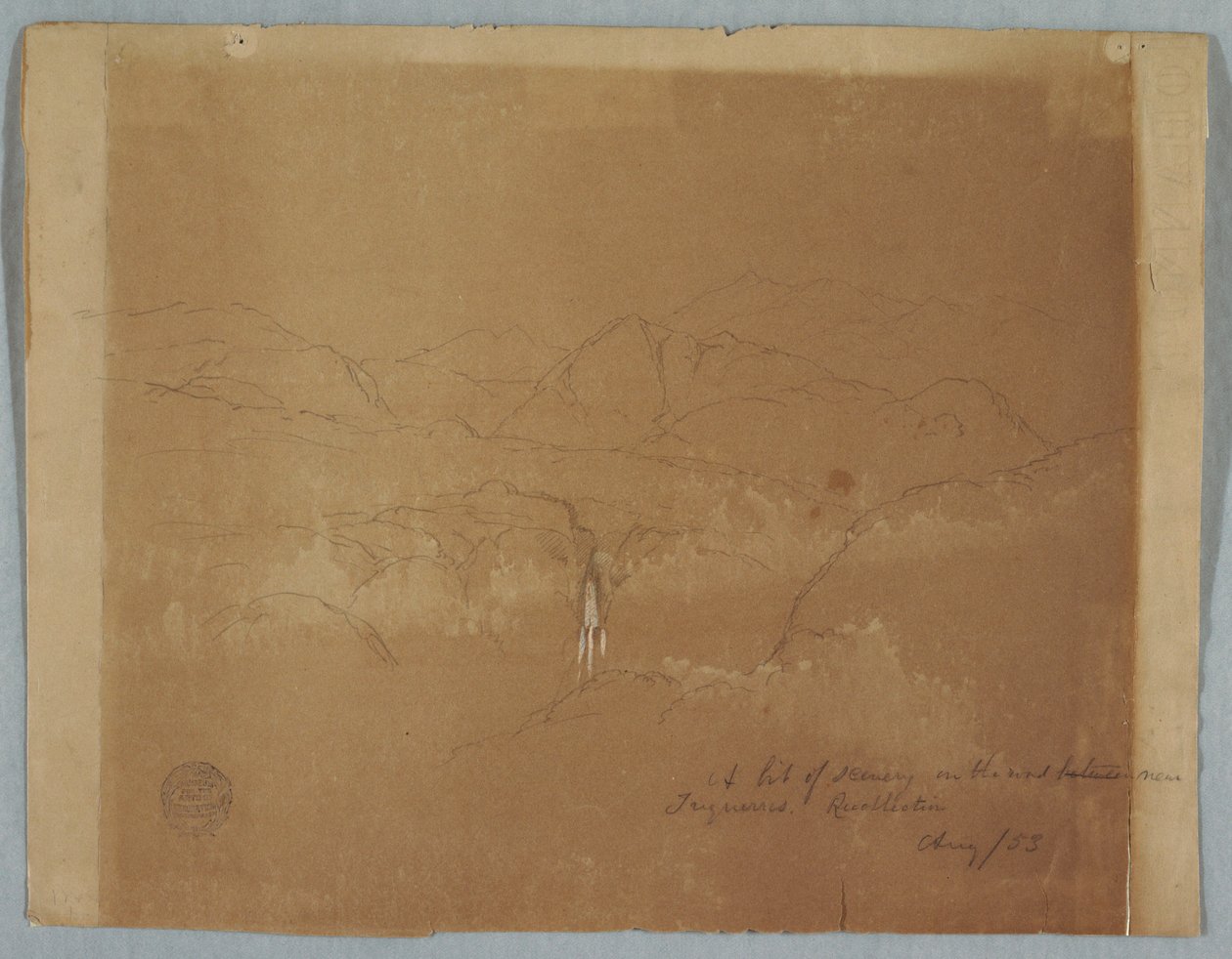 デッサン、滝のある山の風景、トゥケレス近郊、コロンビア、1853年8月 作： フレデリックエドウィン教会