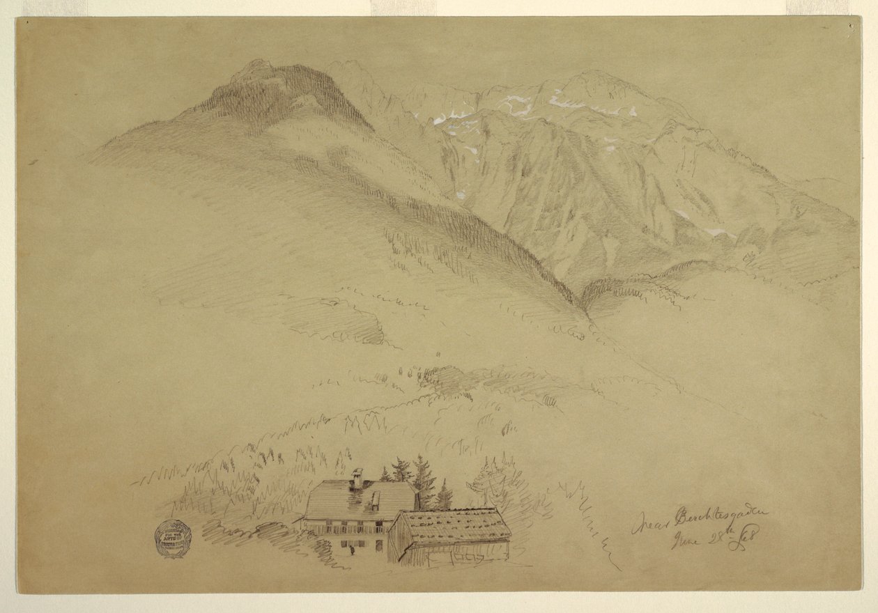 1868年6月28日、バイエルン州ベルヒテスガルデン近郊のゴエル山とブレット山のドローイング 作： フレデリックエドウィン教会