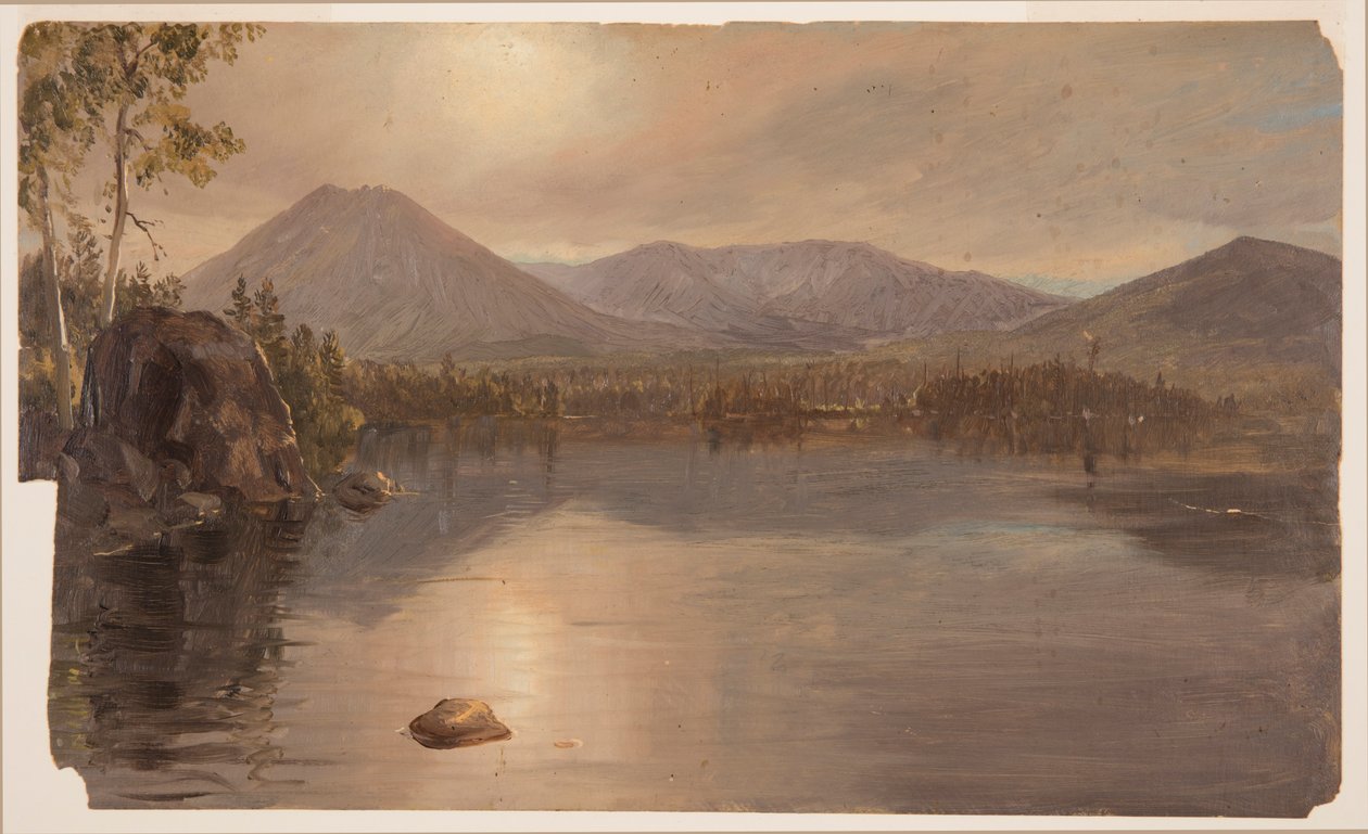デッサン、メイン州カタディン湖からのカタディン山とターナー山、1855-60年 作： フレデリックエドウィン教会