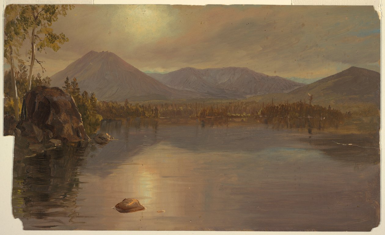 デッサン、メイン州カタディン湖からのカタディン山とターナー山、1855-60年 作： フレデリックエドウィン教会
