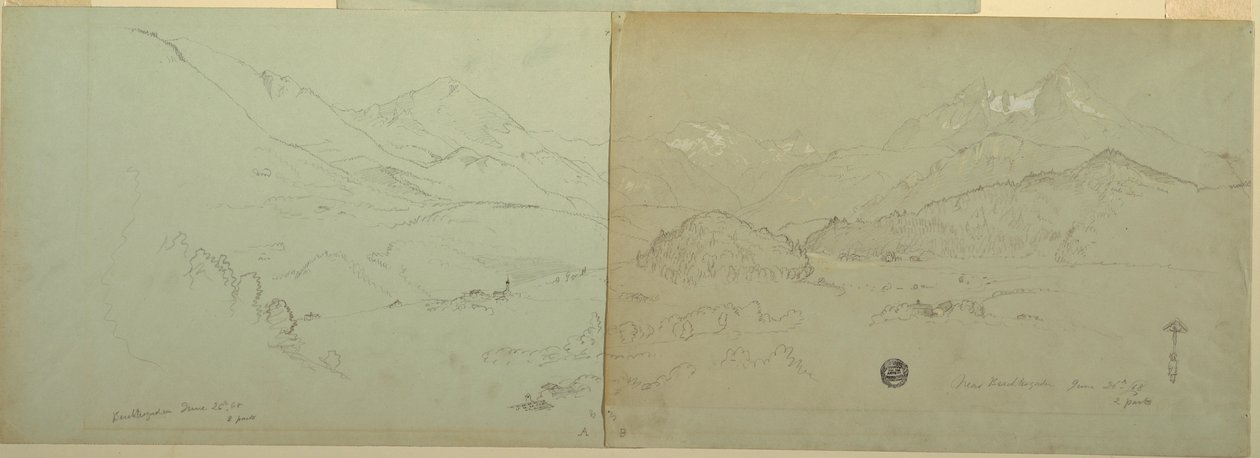 素描、ウンター・シェーナウの全景、1868年 作： フレデリックエドウィン教会