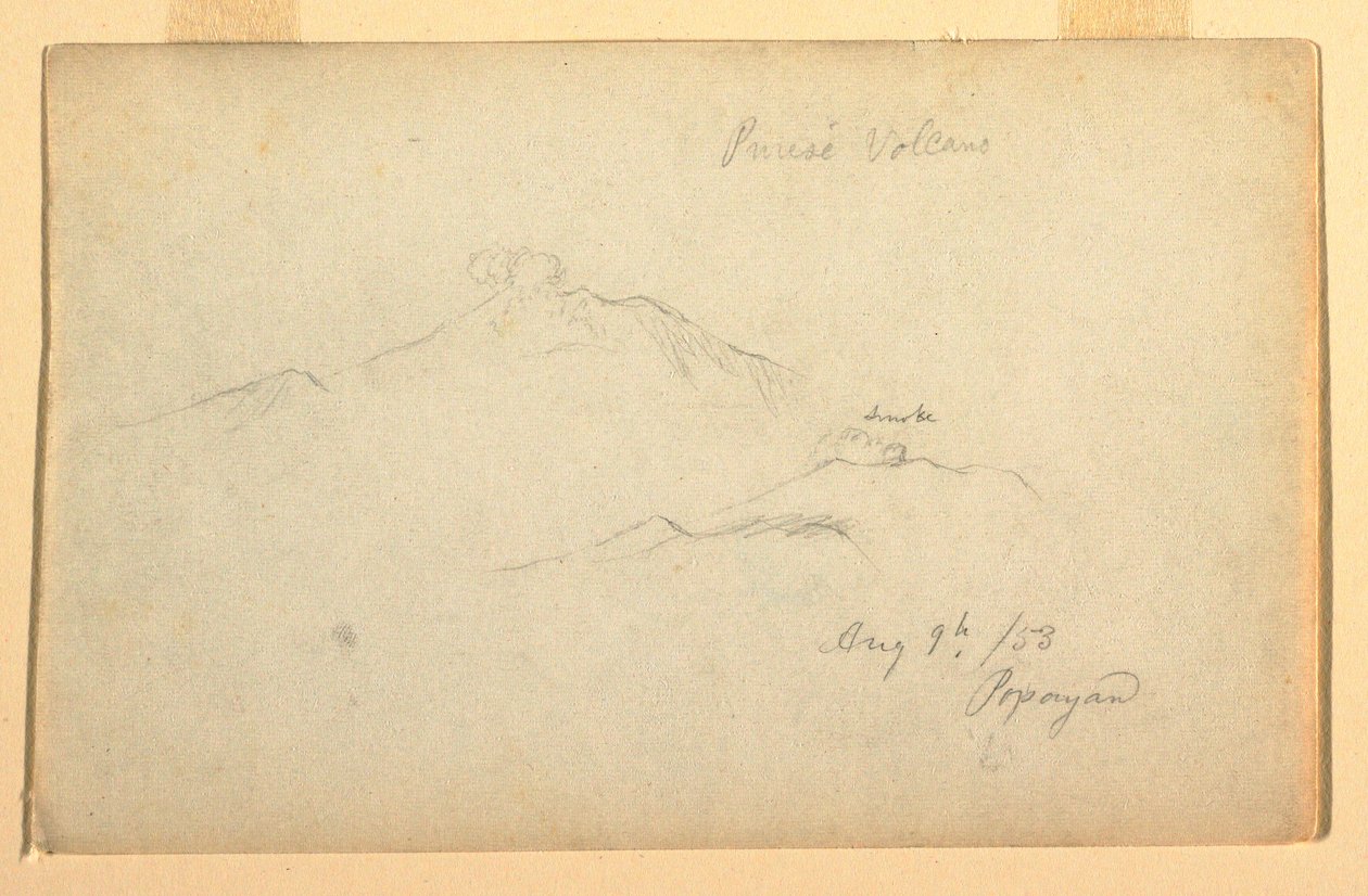 1853年8月9日、コロンビアのポパヤンから見たプレセ火山（デッサン 作： フレデリックエドウィン教会