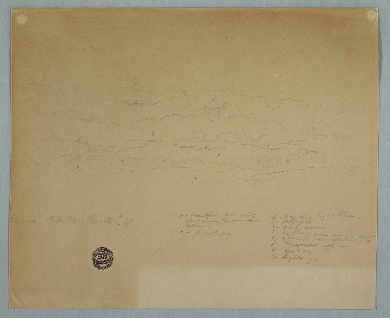 デッサン、曇り空から山の稜線に降る雨（エクアドル、ハシエンダ・チヨ、1857年7月27日 作： フレデリックエドウィン教会