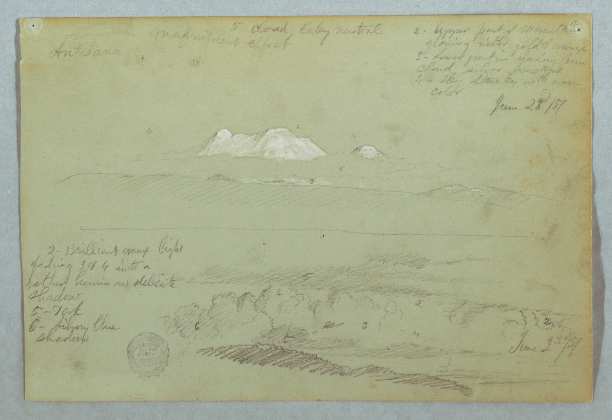 デッサン、キト近郊からのアルティサナ火山の眺め、山の稜線上の曇り空、エクアドル、1857年6月23日 作： フレデリックエドウィン教会