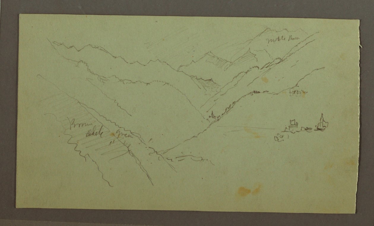 素描、村と急峻な谷（アルプス）、1868-69年 作： フレデリックエドウィン教会