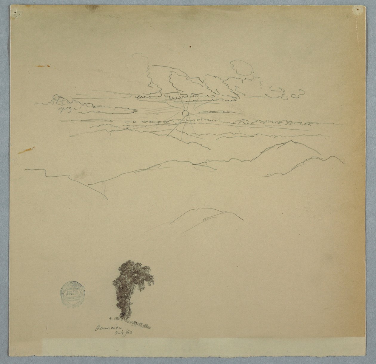 夕日と木がある山岳風景、ジャマイカ 作： フレデリックエドウィン教会
