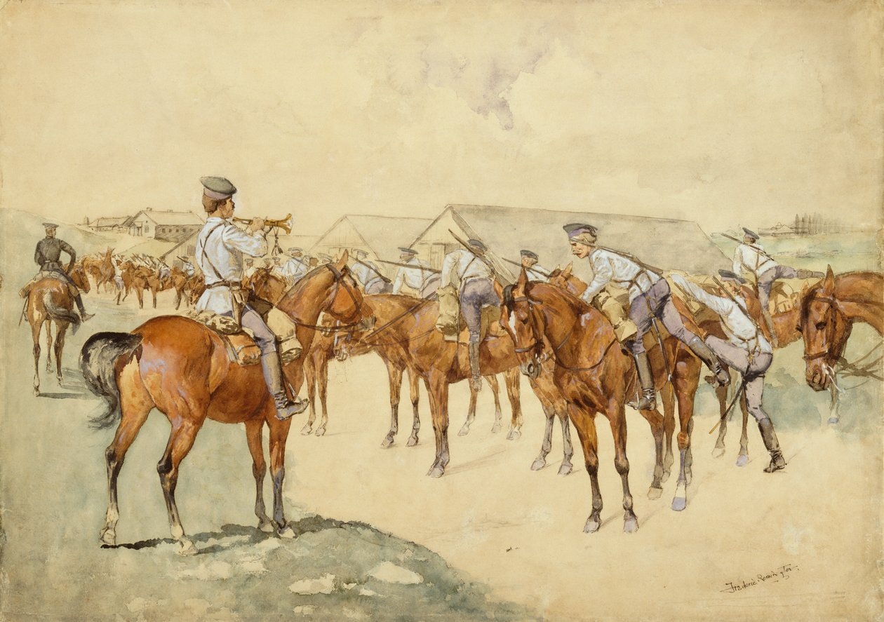 武器の呼び出し（ドラゴン、マウント！）1892-93（紙にトイレ、ガッシュ、ペンとインク、鉛筆とボディカラー） 作： フレデリック・レミントン