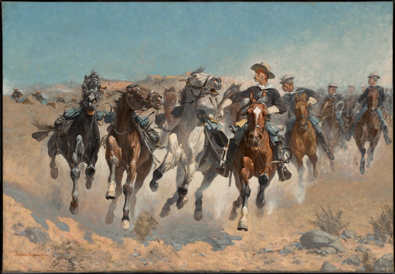 下馬：第4連隊の騎兵が手綱を引く馬を移動させる 作： フレデリック・レミントン