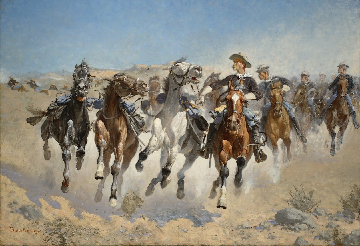 降車：第4トルーパーズ、LEDの馬を動かす、1890 作： フレデリック・レミントン