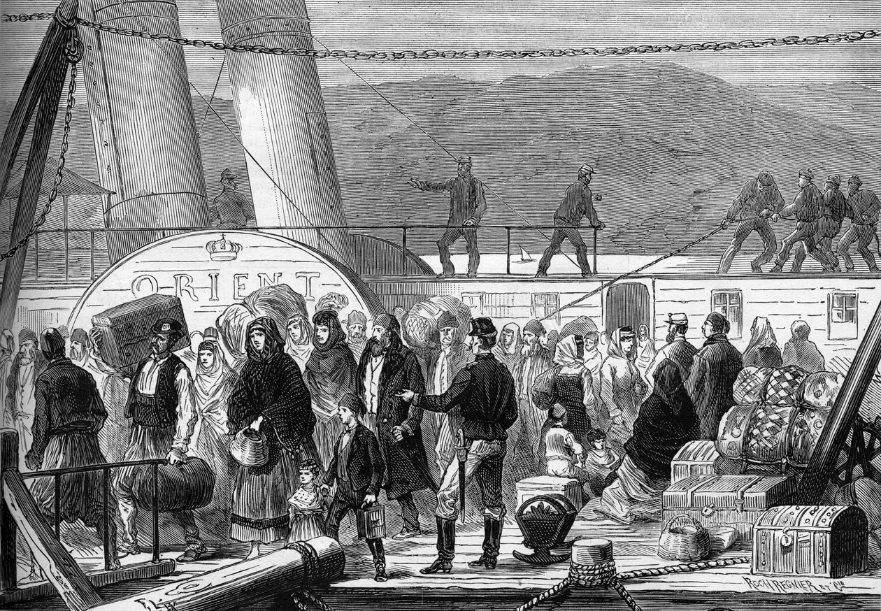 東方戦争（1875年〜1878年）（露土戦争とも呼ばれる）：ドナウ川にて、1877年5月に逃亡中のユダヤ人家族ルストチャックとウィディンのバジアックへの上陸（エングレービング 作： フレデリックセオドア（後）リックス